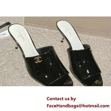 Chanel Heel 5.5cm Patent Lambskin  &  Imitation Pearls Mules G40057 Black 2023